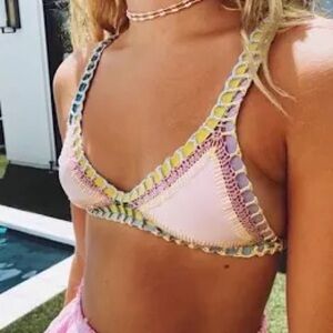 KIINI Bea Crochet Triangle Bikini Top Pastel Pink Yellow Purple Teal Size Medium